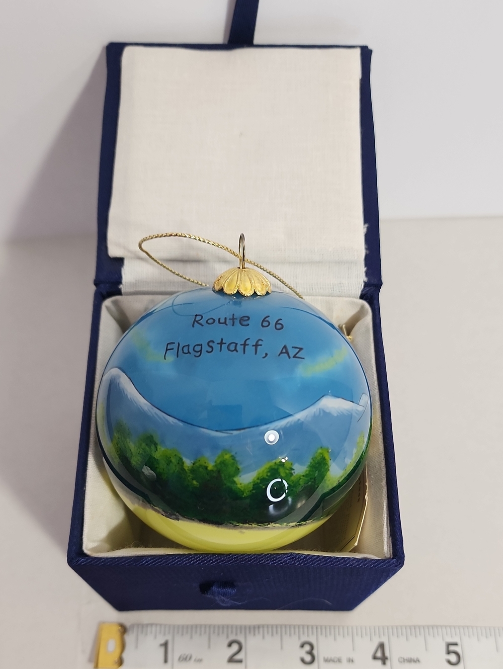Route 66 Flagstaff AZ Hand-Painted Glass Ornament - Blue & Green